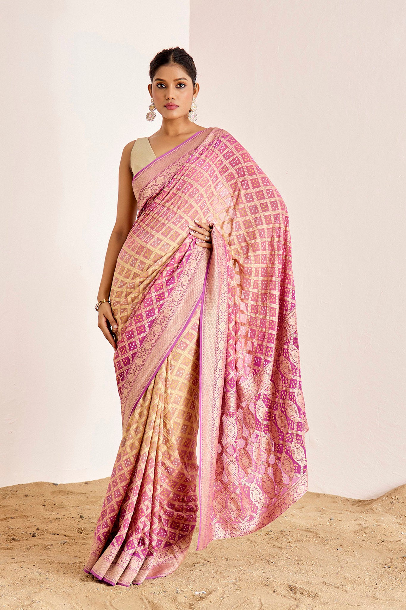 MAUVE YELLOWISH BEIGE BANARASEE BANDHANI SAREE