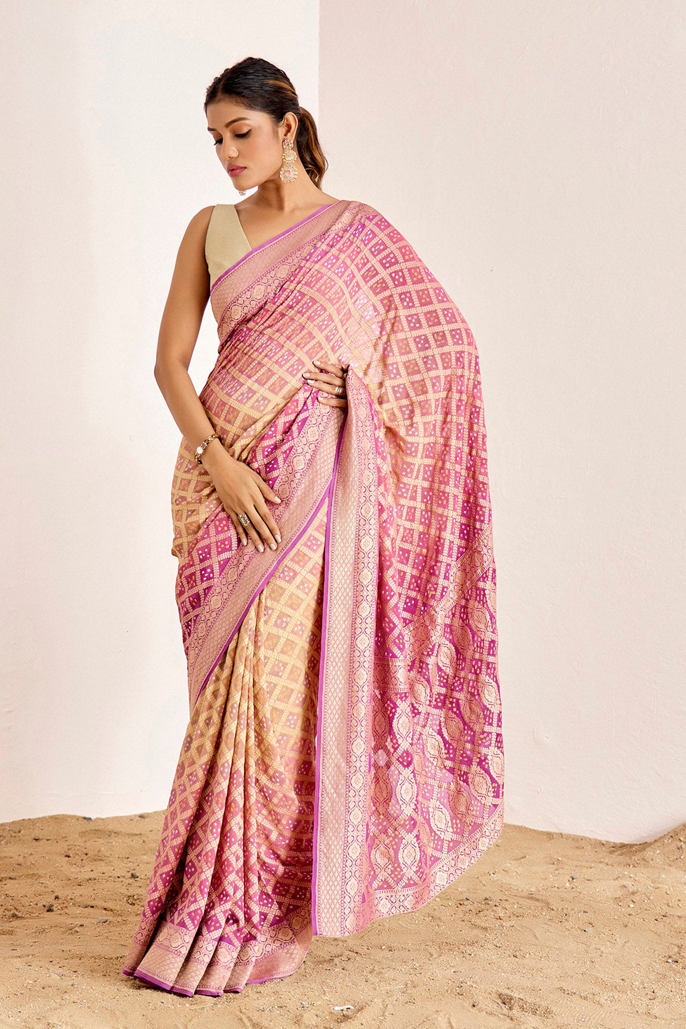 MAUVE YELLOWISH BEIGE BANARASEE BANDHANI SAREE