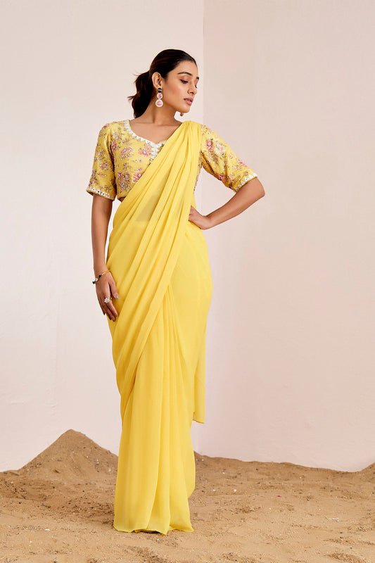 YELLOW HAND EMBROIDERED PRE DRAPE SAREE SET