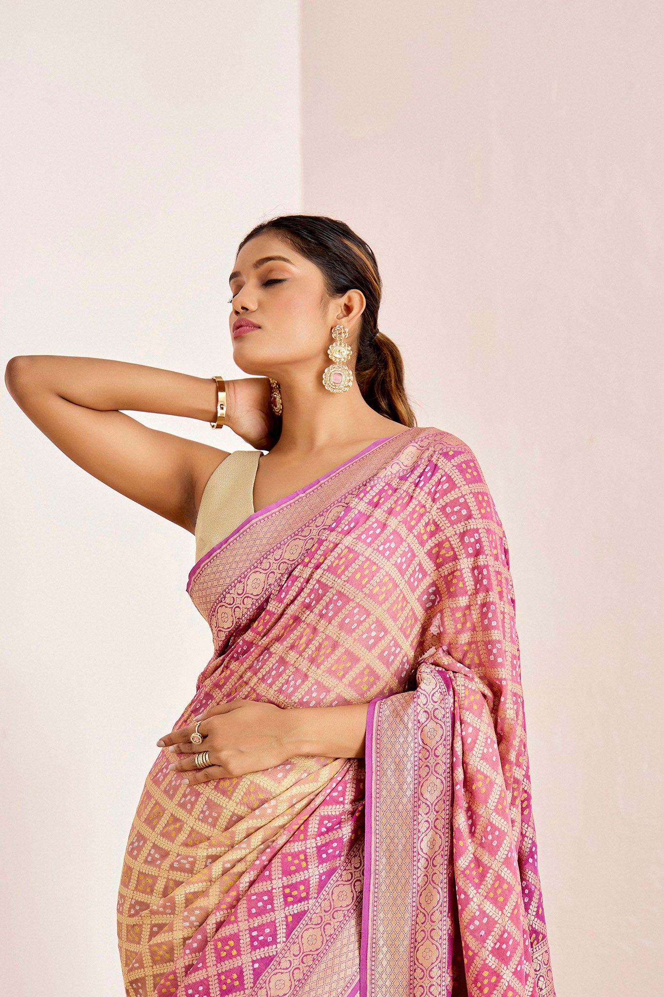 MAUVE YELLOWISH BEIGE BANARASEE BANDHANI SAREE