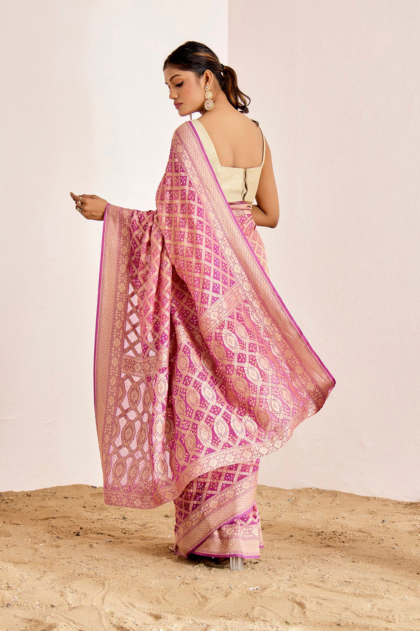 MAUVE YELLOWISH BEIGE BANARASEE BANDHANI SAREE