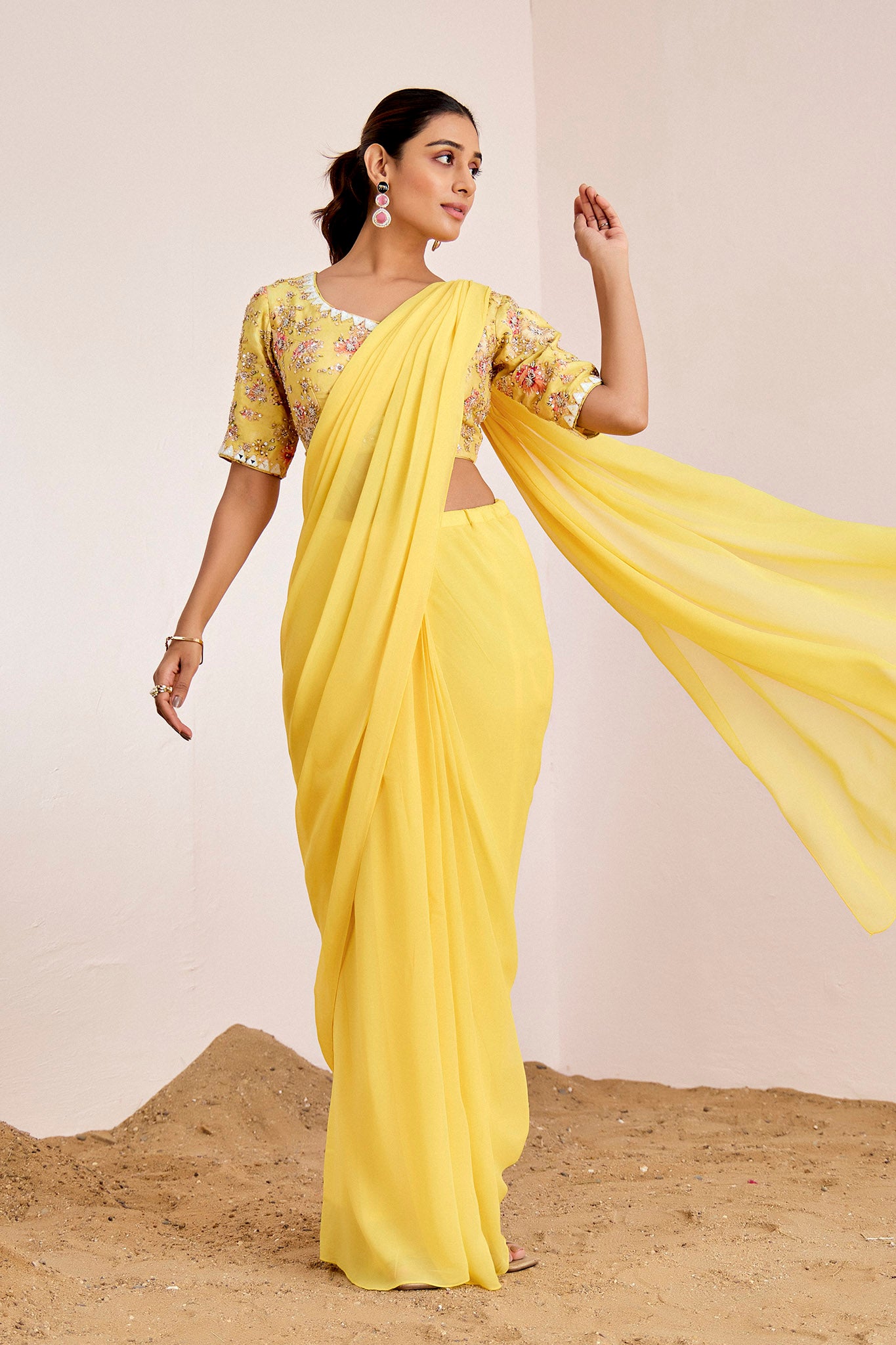 YELLOW HAND EMBROIDERED PRE DRAPE SAREE SET