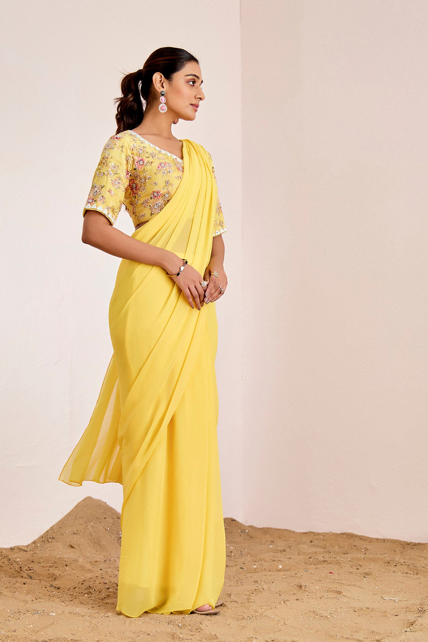 YELLOW HAND EMBROIDERED PRE DRAPE SAREE SET