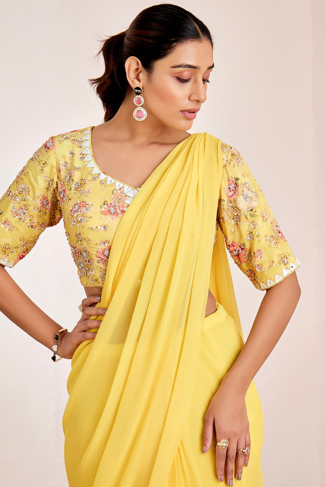 YELLOW HAND EMBROIDERED PRE DRAPE SAREE SET