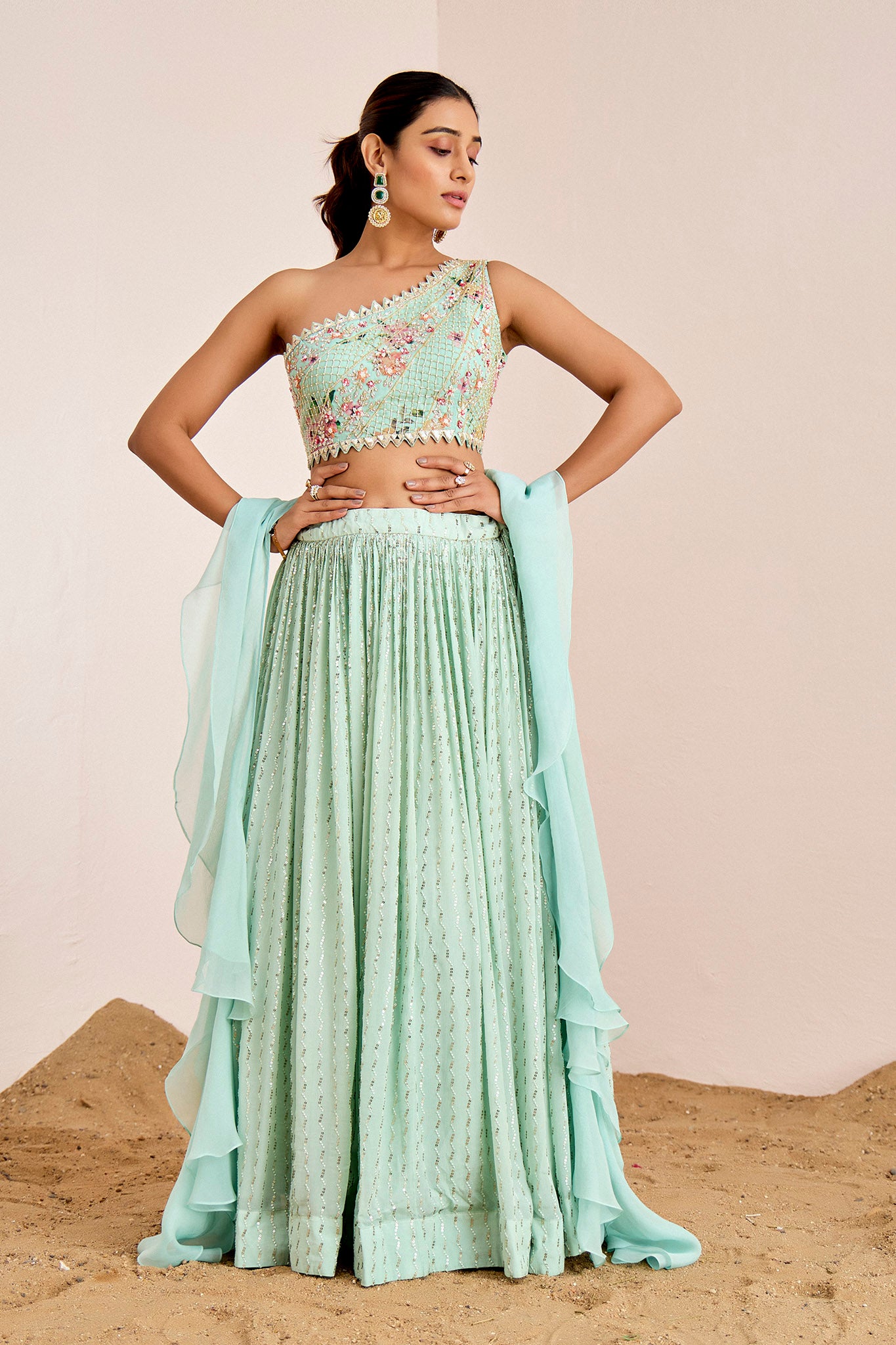 SEA BLUE ONE SHOULDER LEHENGA SET