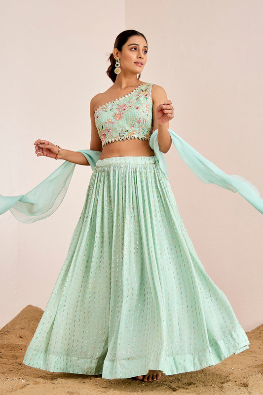 SEA BLUE ONE SHOULDER LEHENGA SET