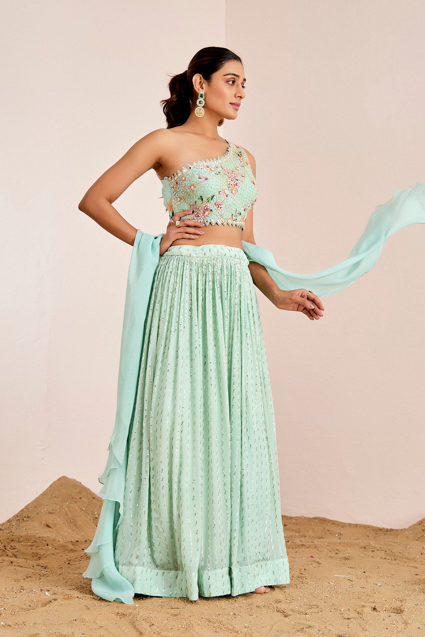 SEA BLUE ONE SHOULDER LEHENGA SET