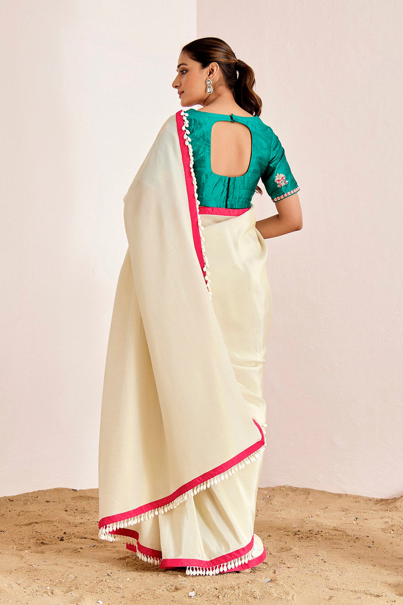 OFF WHITE SHIMMER SAREE WITH GREEN BLOUSE