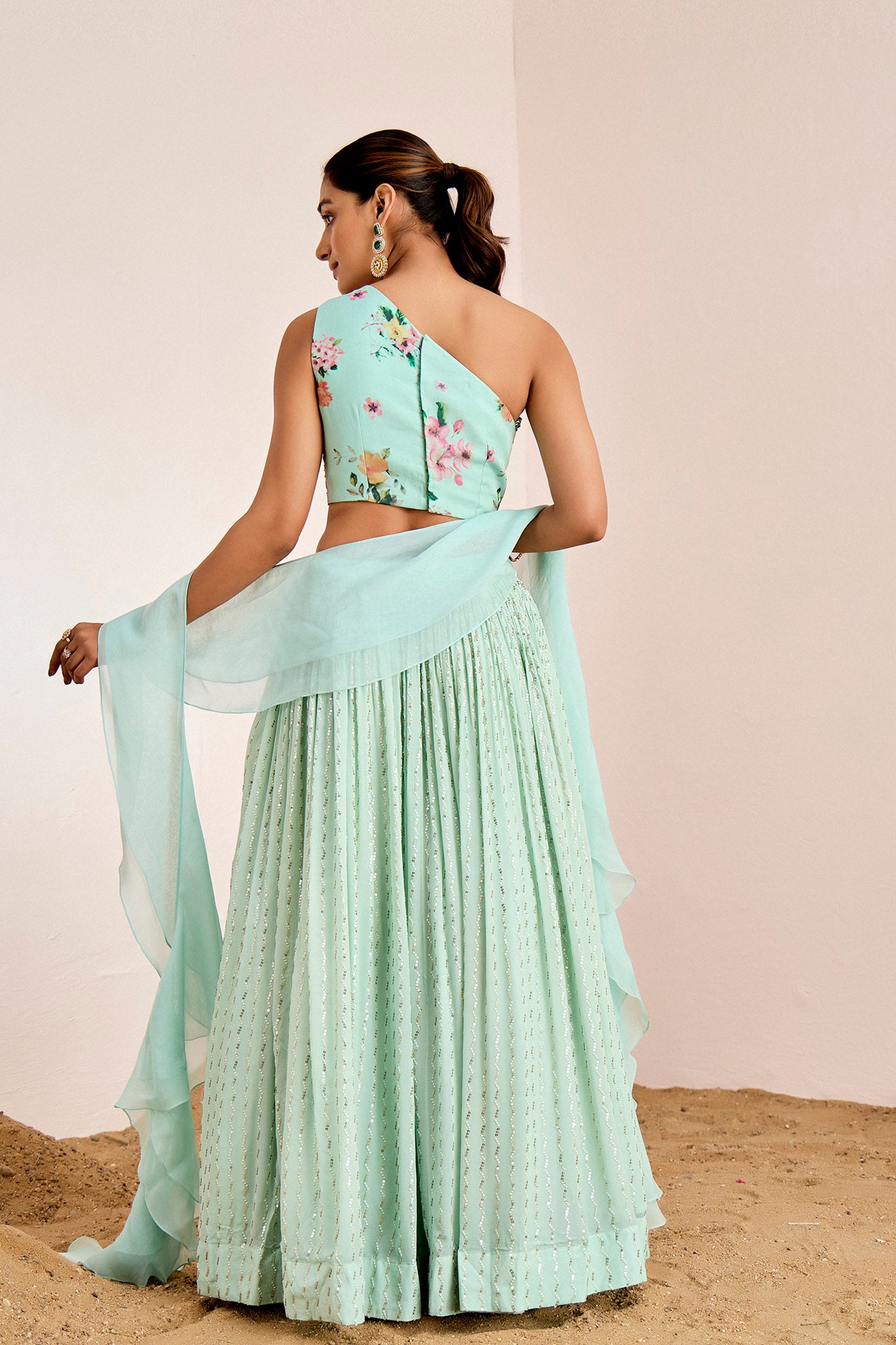 SEA BLUE ONE SHOULDER LEHENGA SET