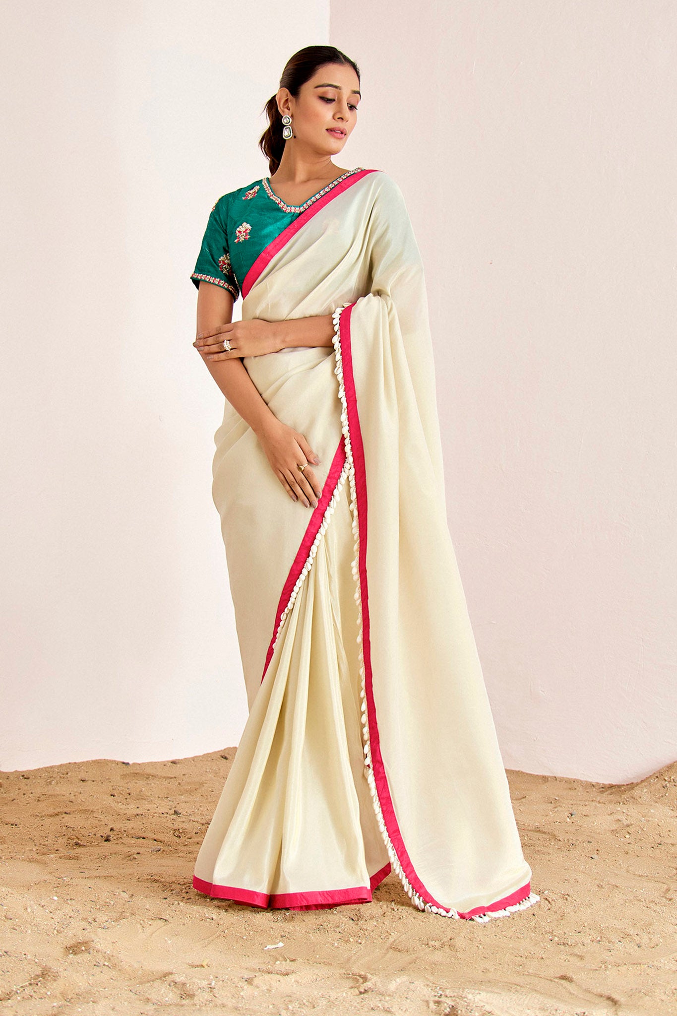 OFF WHITE SHIMMER SAREE WITH GREEN BLOUSE