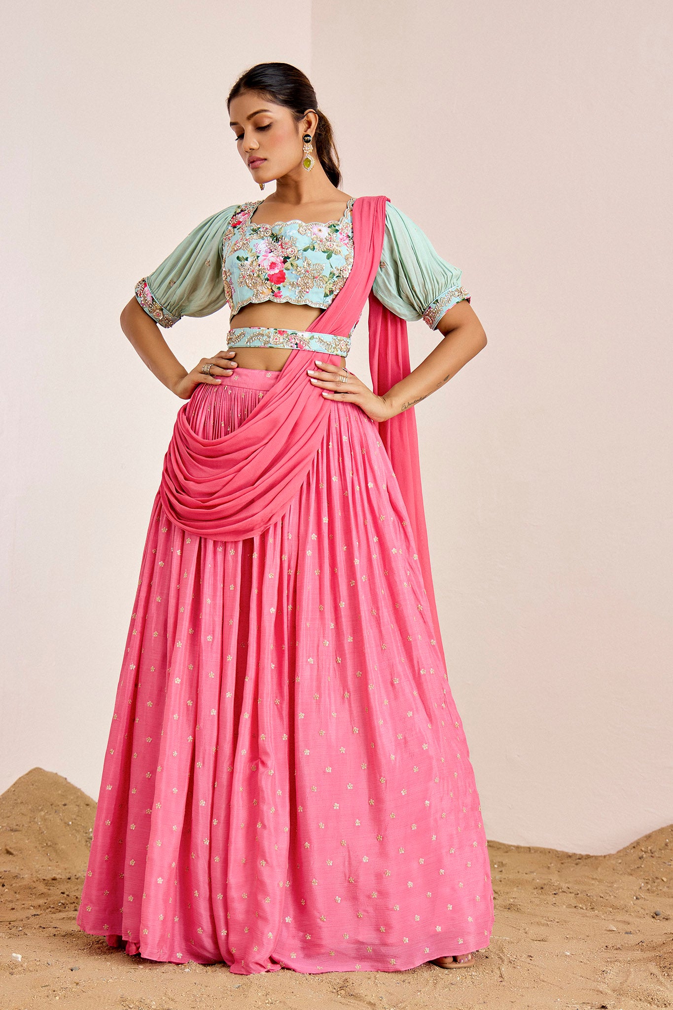 BLUE CORAL NORA LEHENGA SET WITH PRE DRAPE PALLU