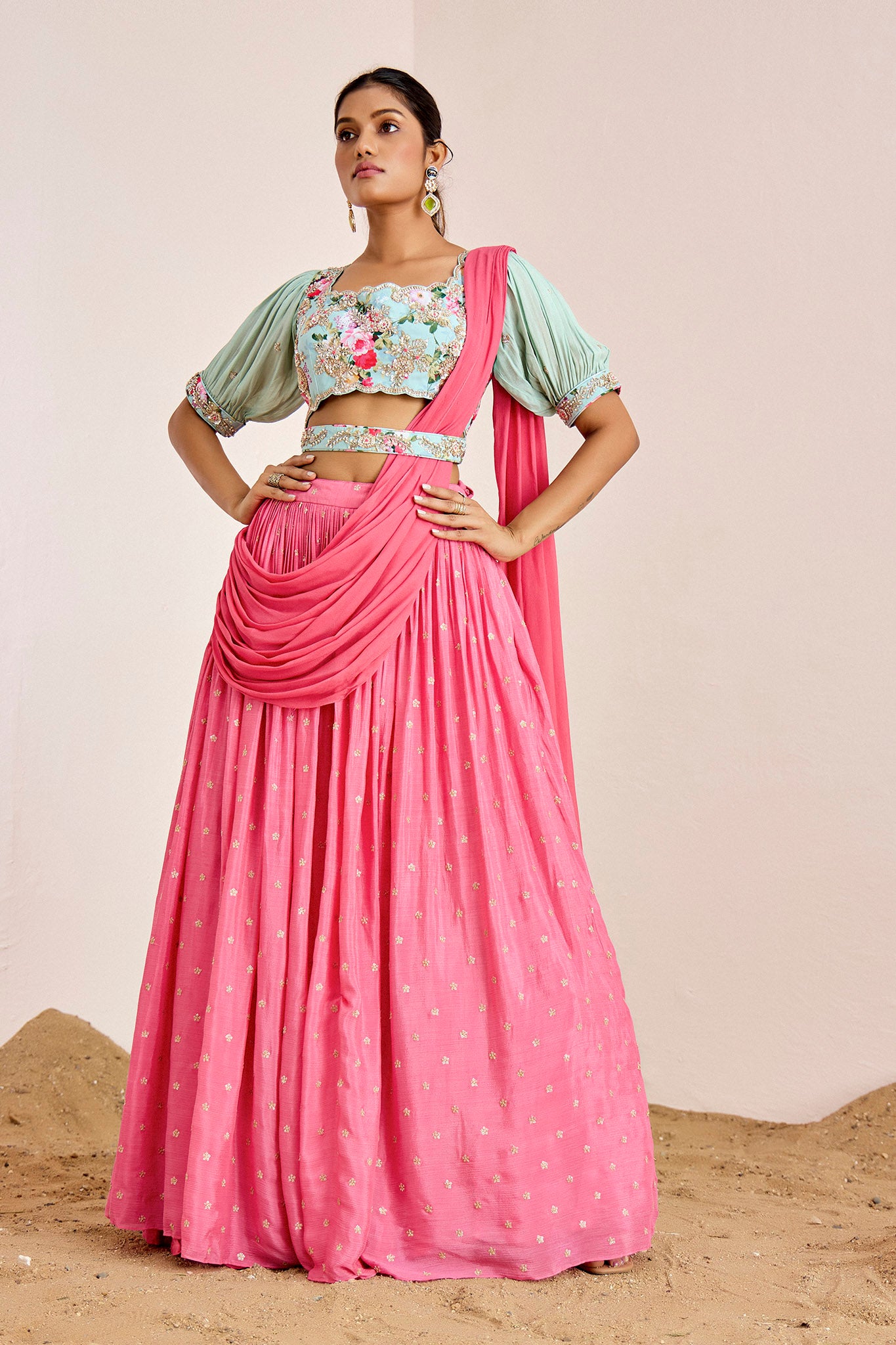 BLUE CORAL NORA LEHENGA SET WITH PRE DRAPE PALLU