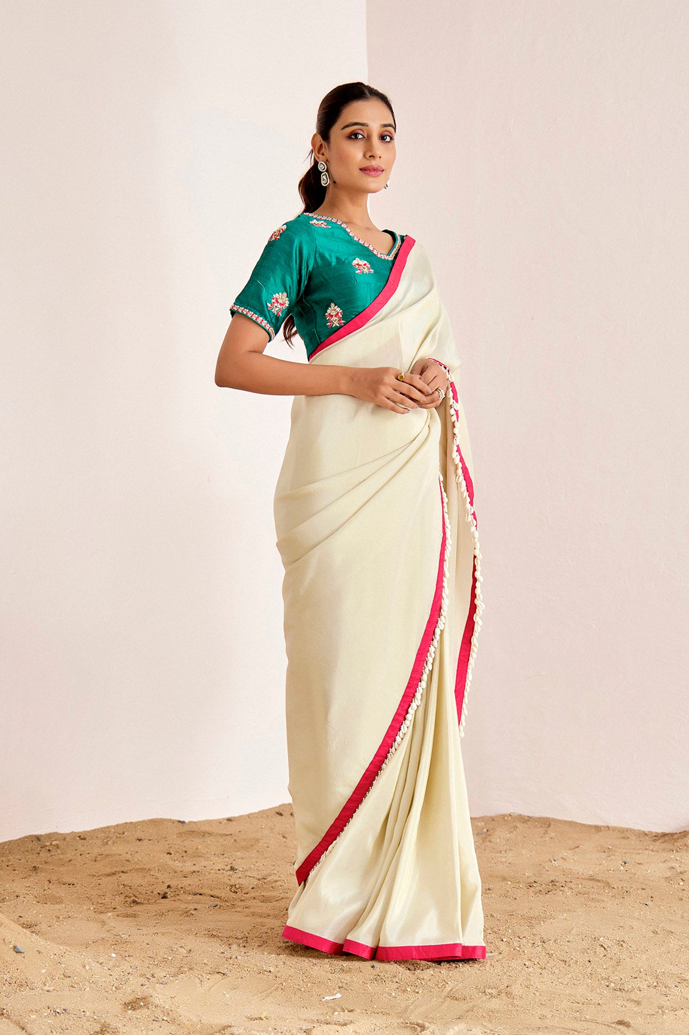 OFF WHITE SHIMMER SAREE WITH GREEN BLOUSE