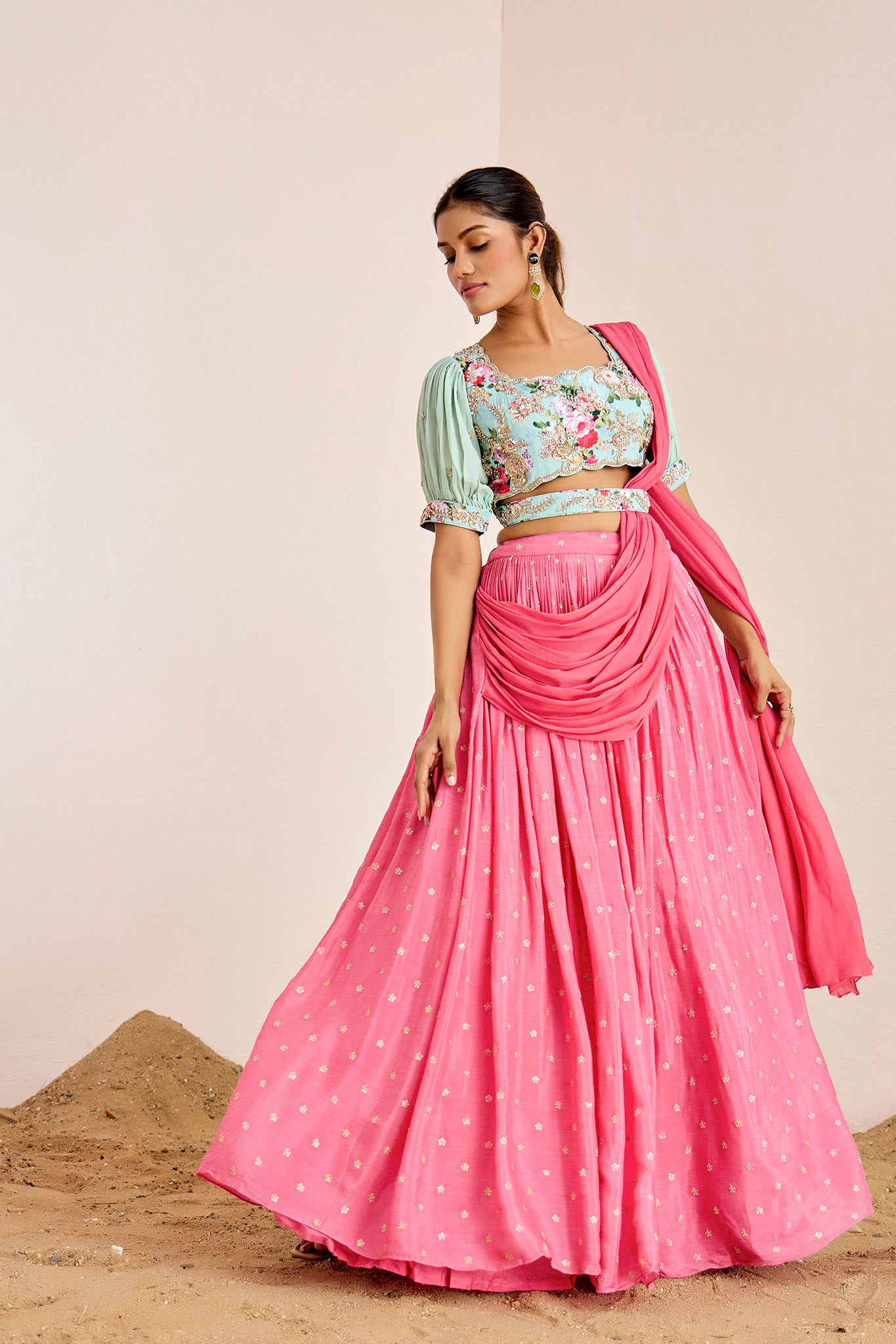 BLUE CORAL NORA LEHENGA SET WITH PRE DRAPE PALLU