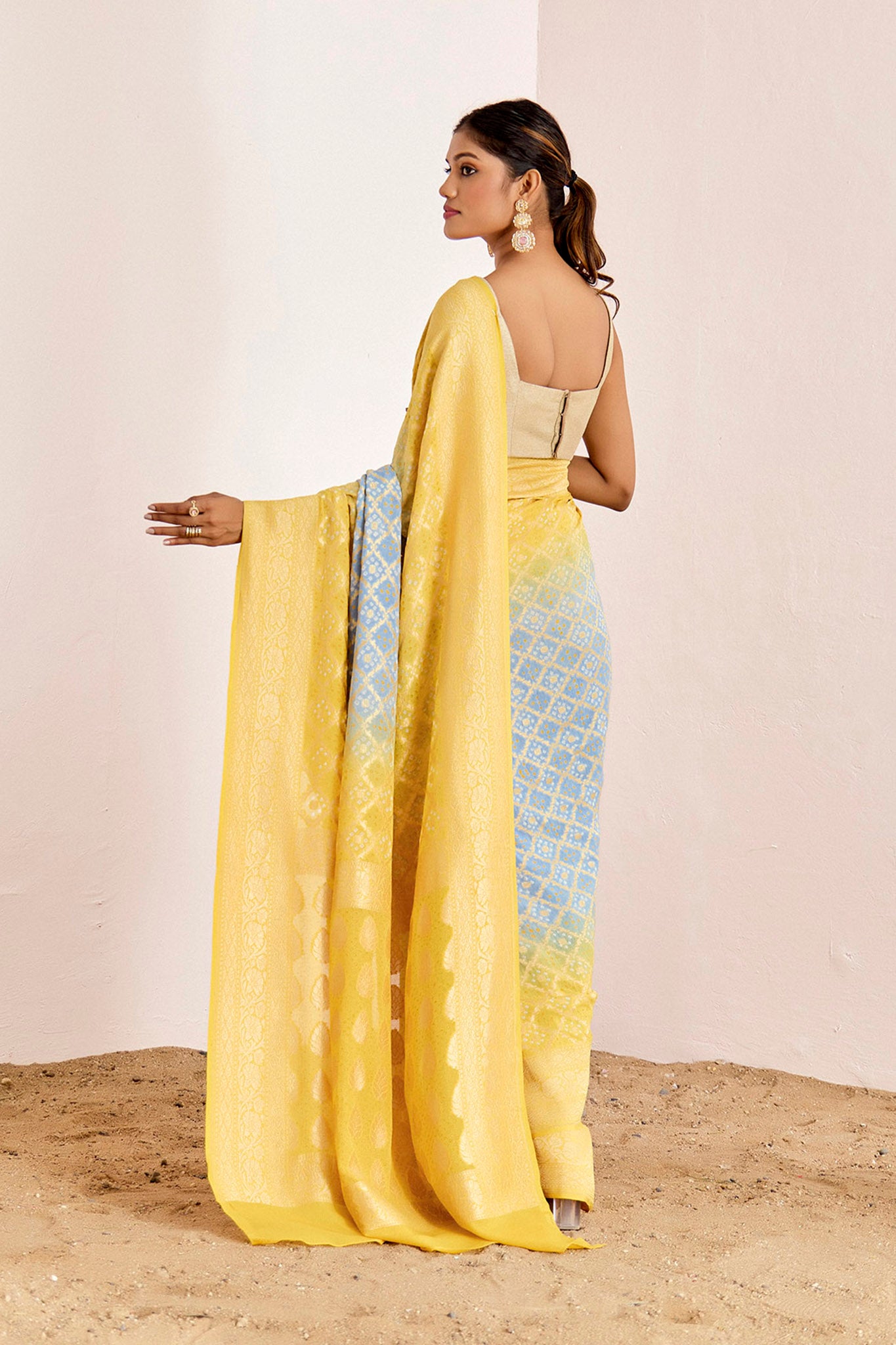 BLUE YELLOW OMBRE BANARASEE BANDHANI SAREE