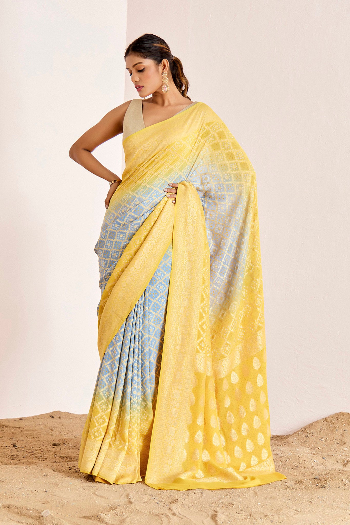 BLUE YELLOW OMBRE BANARASEE BANDHANI SAREE