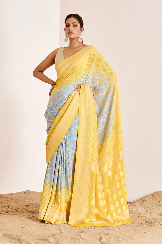 BLUE YELLOW OMBRE BANARASEE BANDHANI SAREE