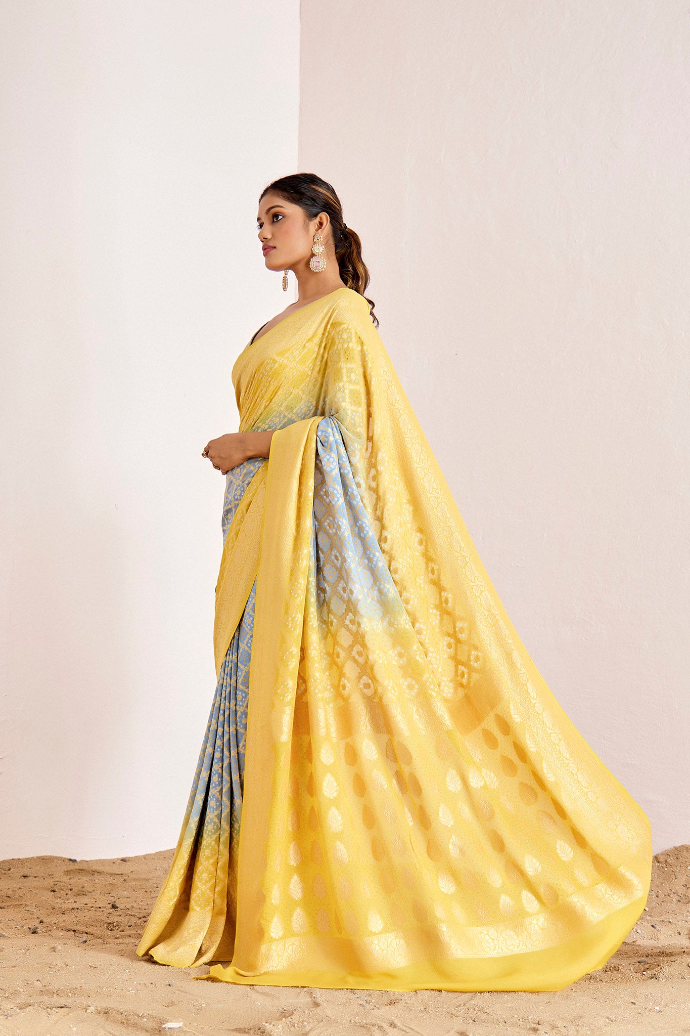 BLUE YELLOW OMBRE BANARASEE BANDHANI SAREE