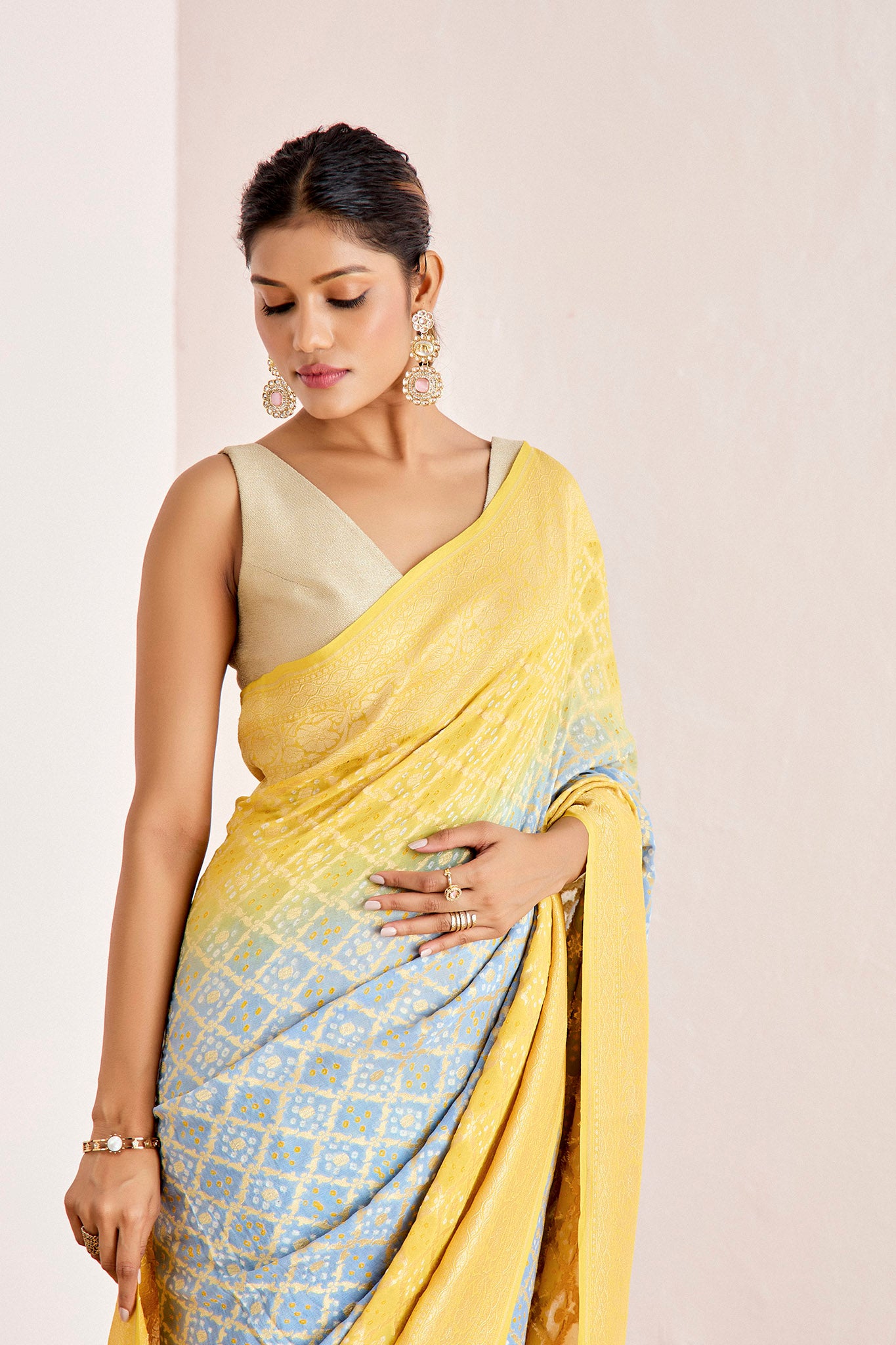 BLUE YELLOW OMBRE BANARASEE BANDHANI SAREE