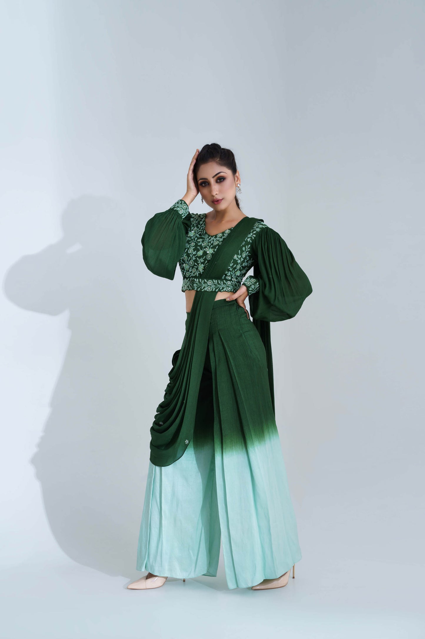 Green & Sea Green Pant Saree Set