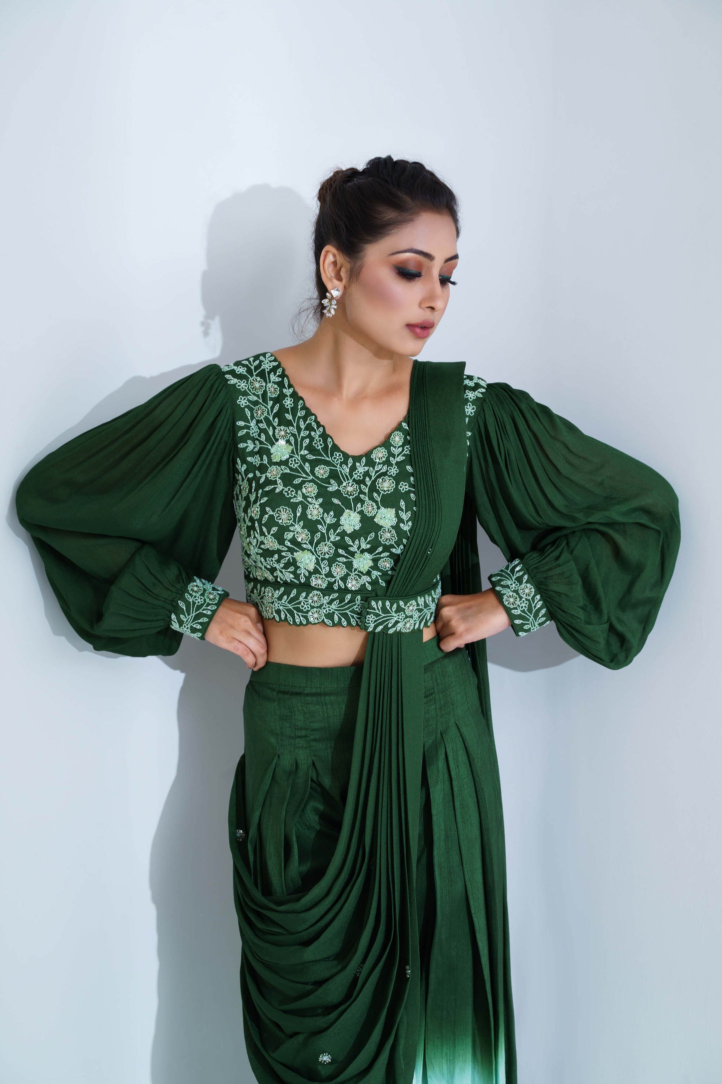 Green & Sea Green Pant Saree Set