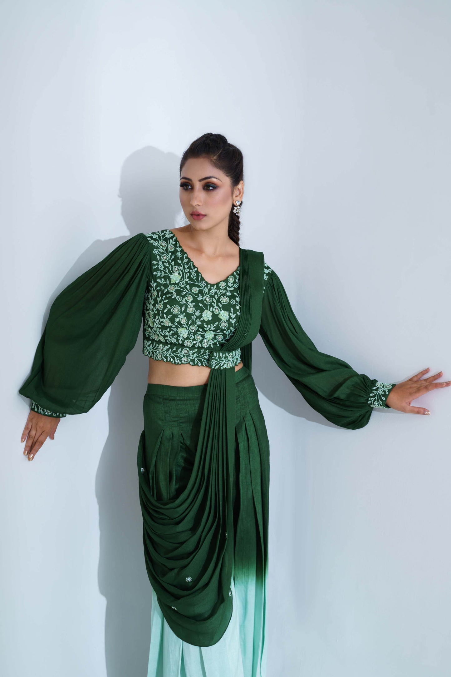 Green & Sea Green Pant Saree Set