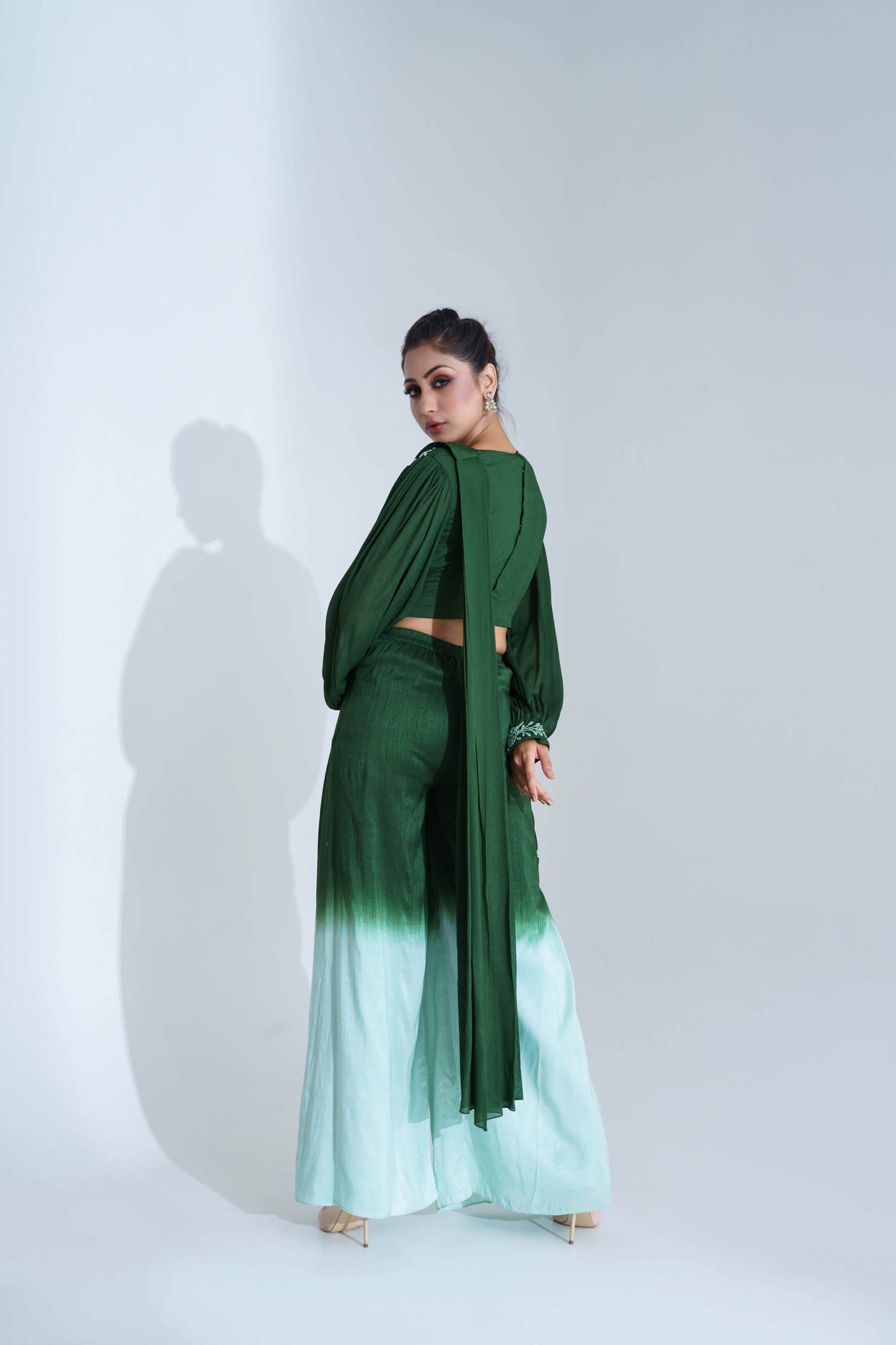 Green & Sea Green Pant Saree Set