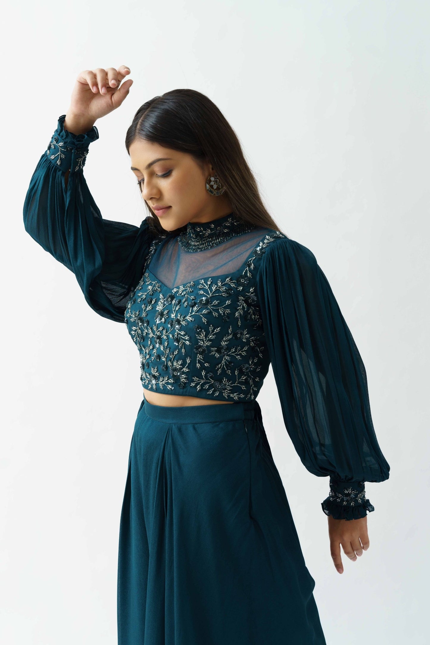 Teal Crop Top And Flared Pant Set
