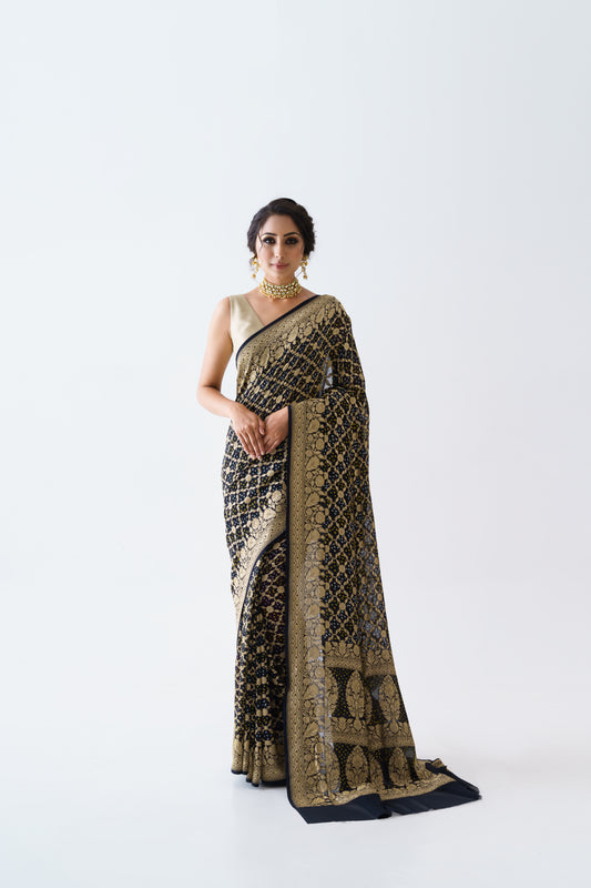 Black Banarasee bandhani saree