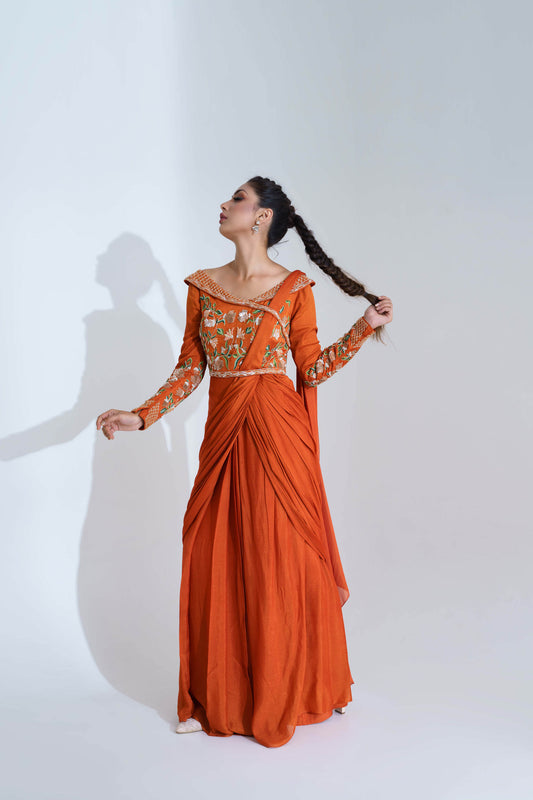 Orange Pre-Draped Saree Set