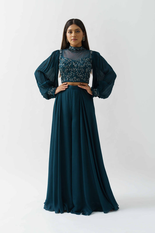Teal Crop Top And Flared Pant Set