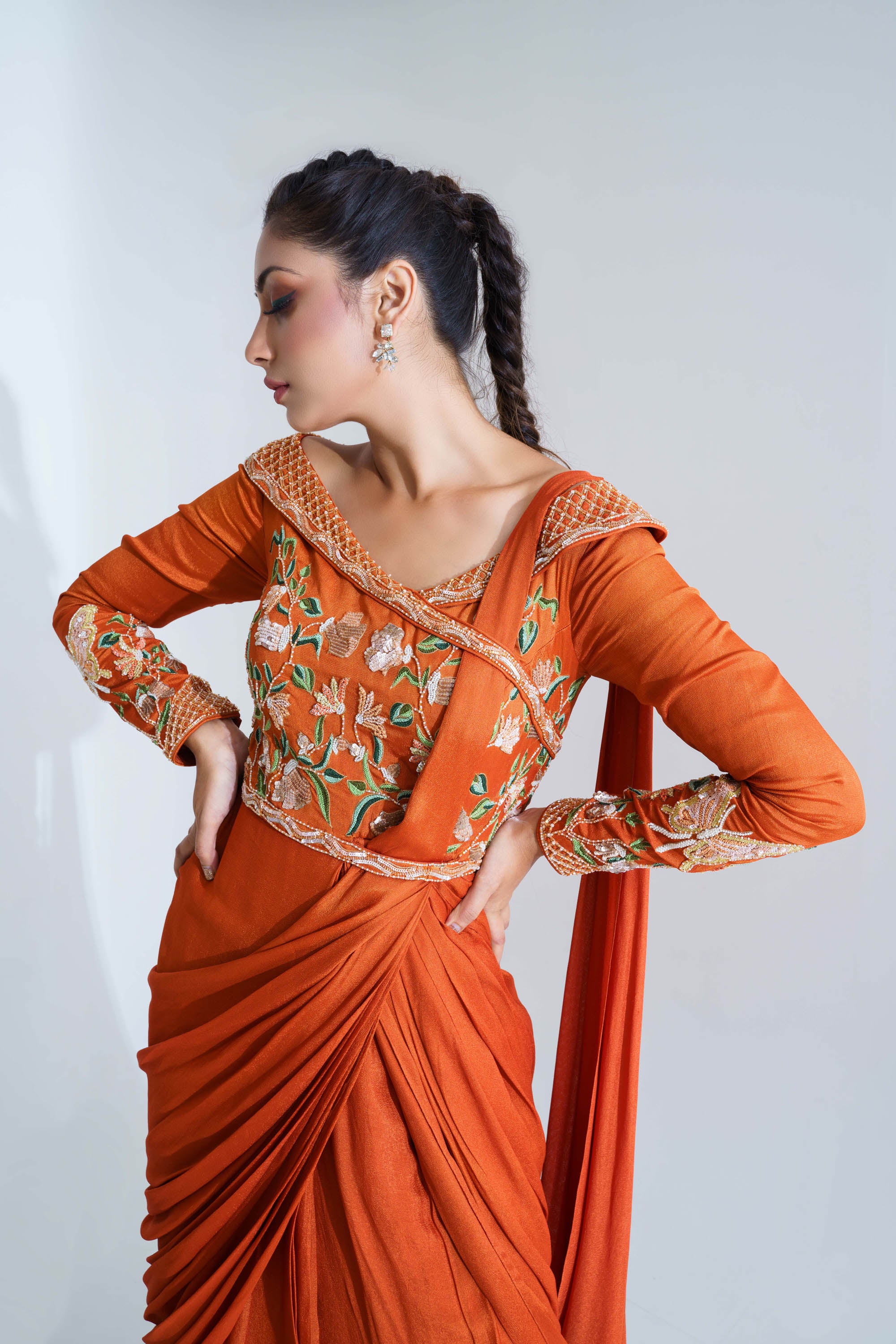 Orange Pre-Draped Saree Set
