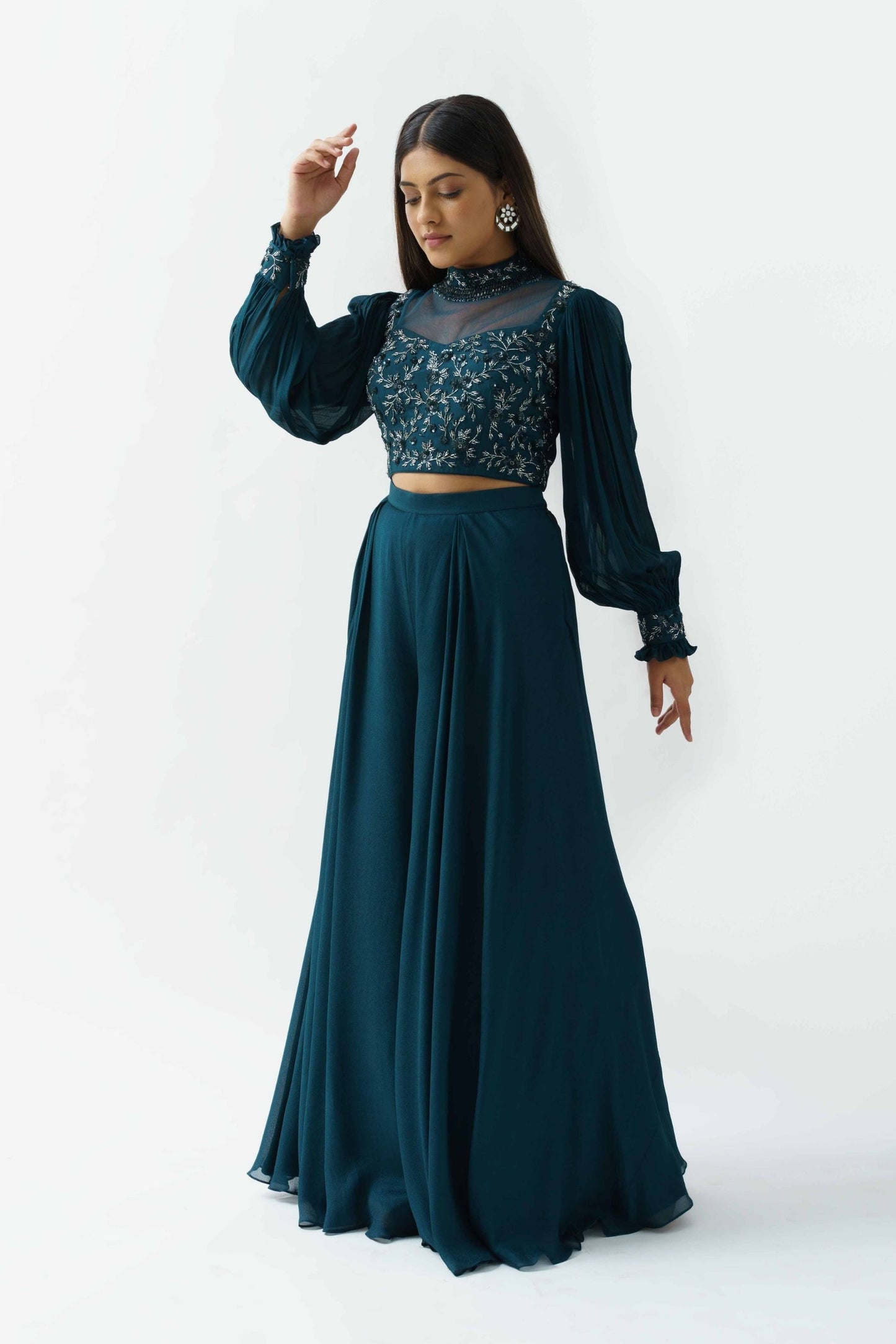Teal Crop Top And Flared Pant Set