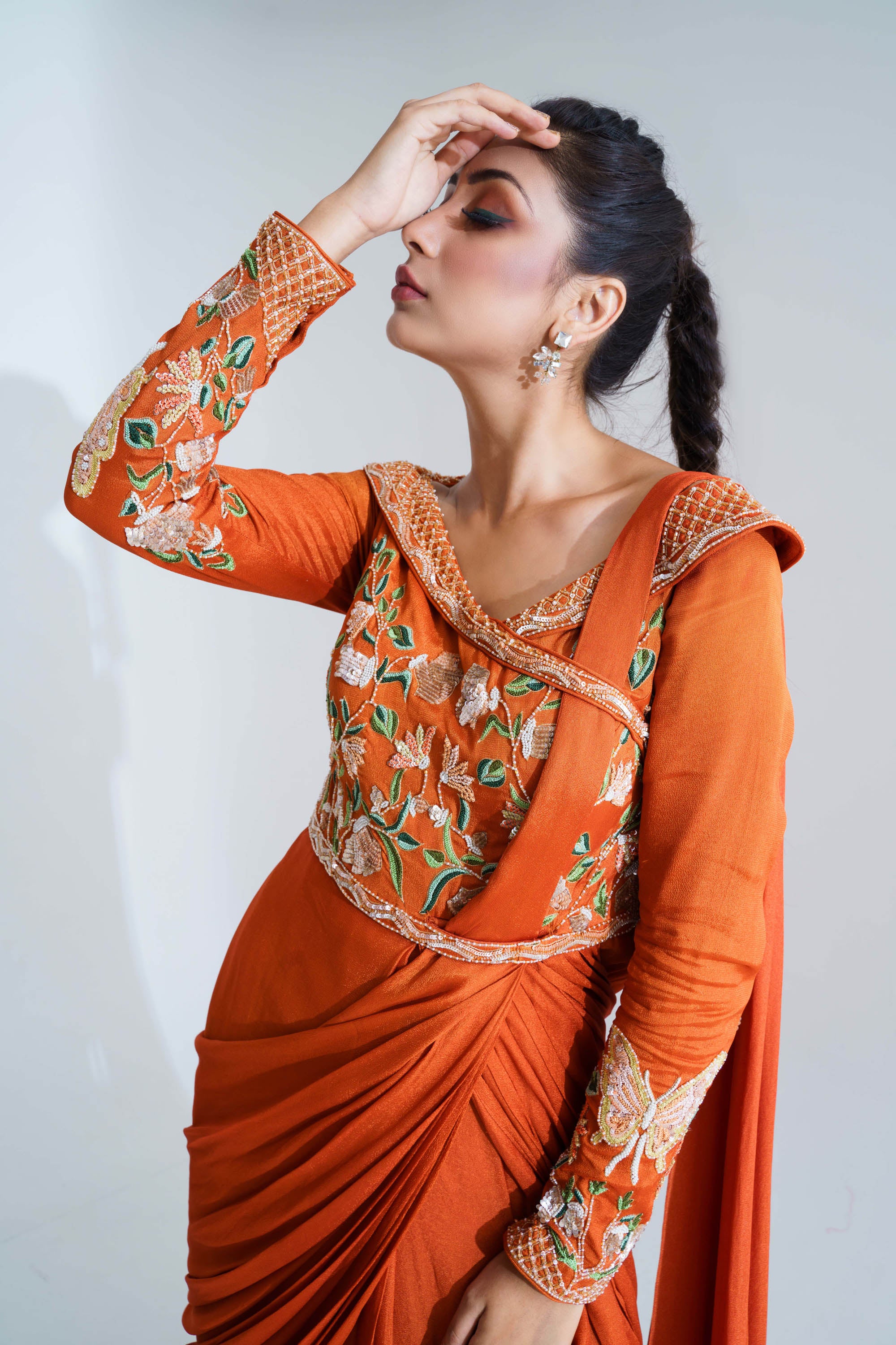 Orange Pre-Draped Saree Set