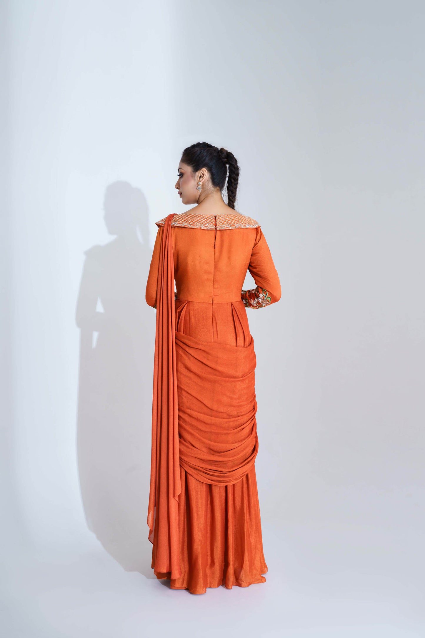 Orange Pre-Draped Saree Set