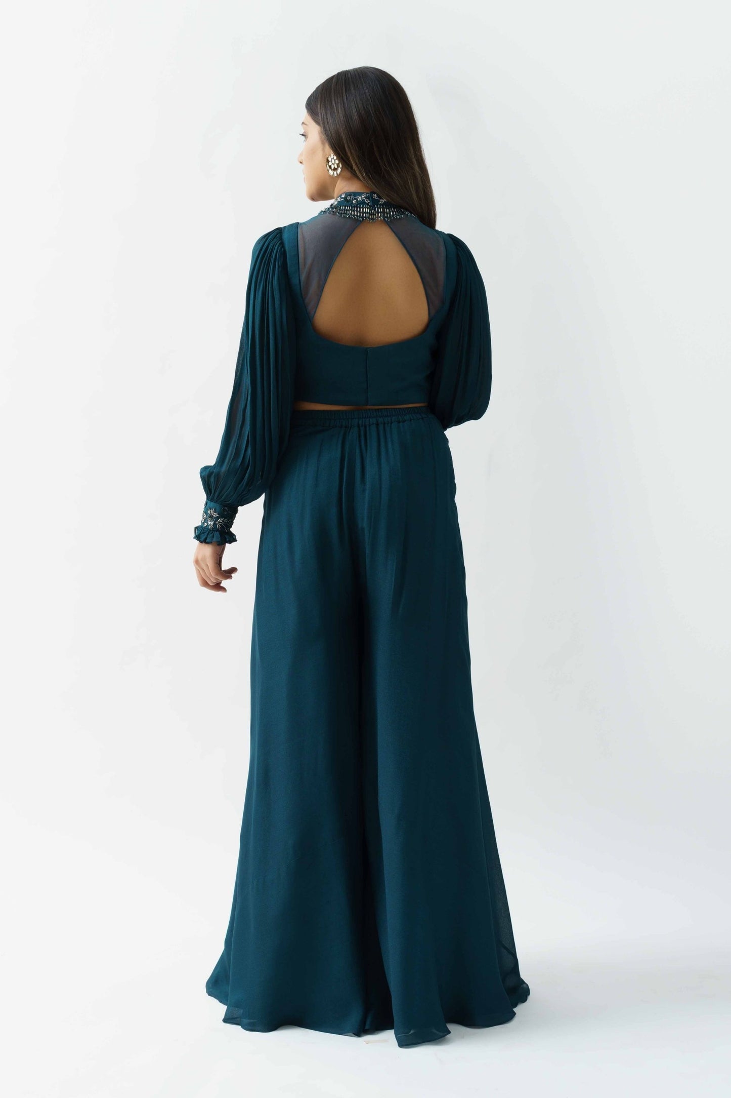 Teal Crop Top And Flared Pant Set