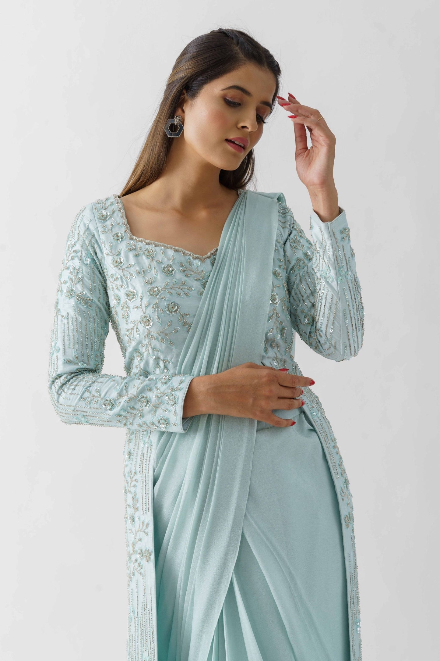 Light Blue Pre Draped Hand Embroidered Jacket Saree
