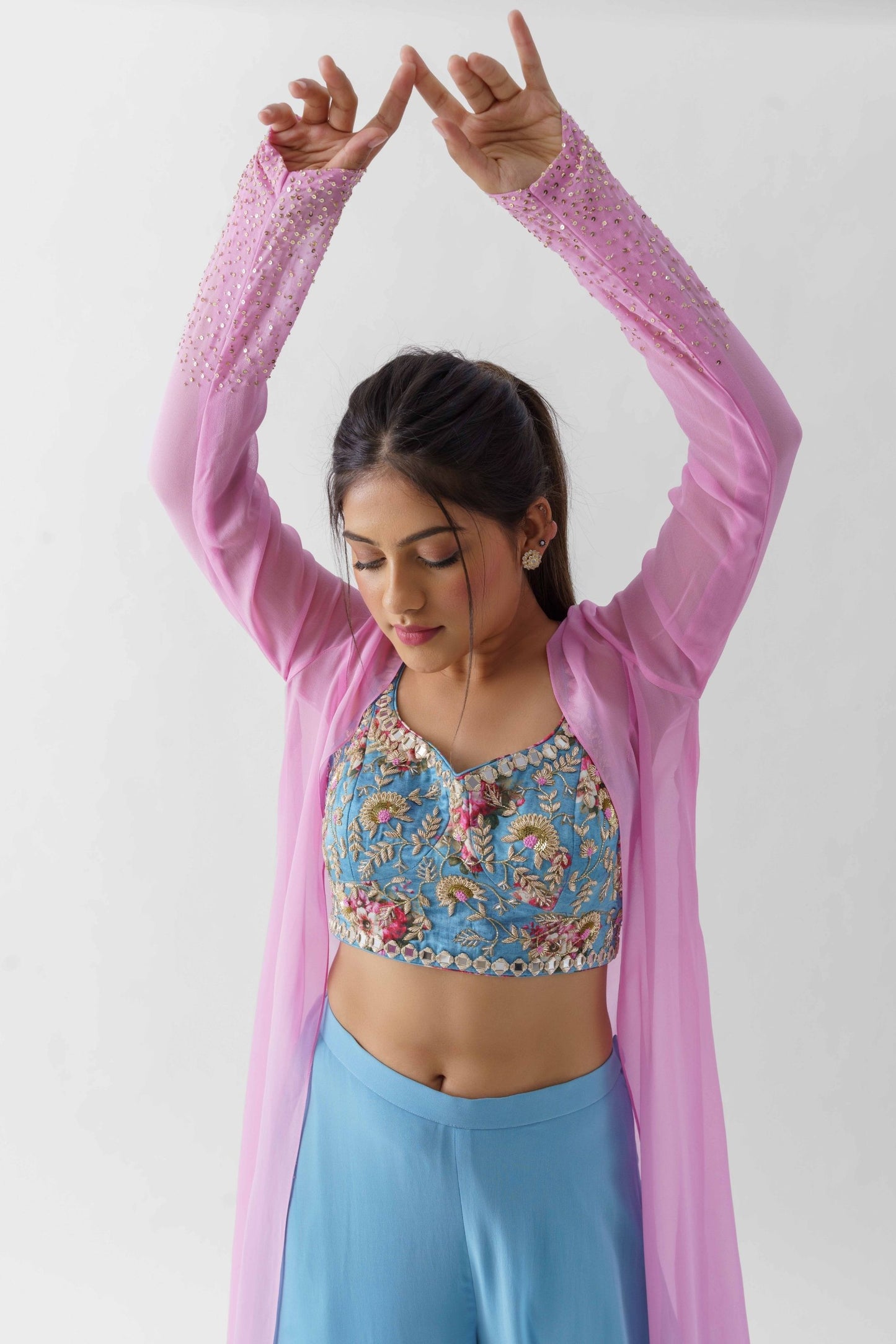 Blue & Pink Embroidered Jacket Set