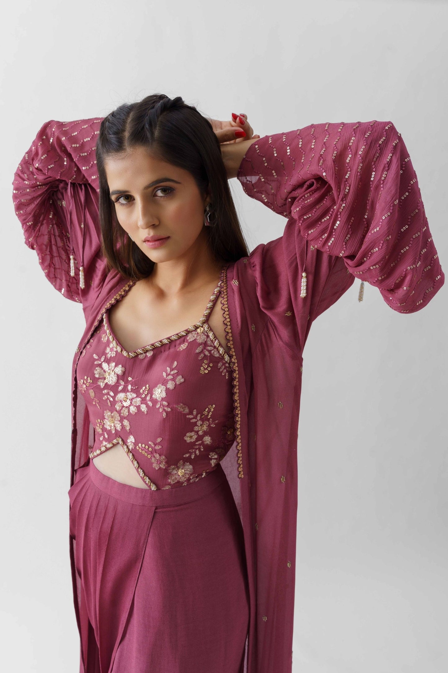 Mauve Drape Dress With Jacket Fusion Set