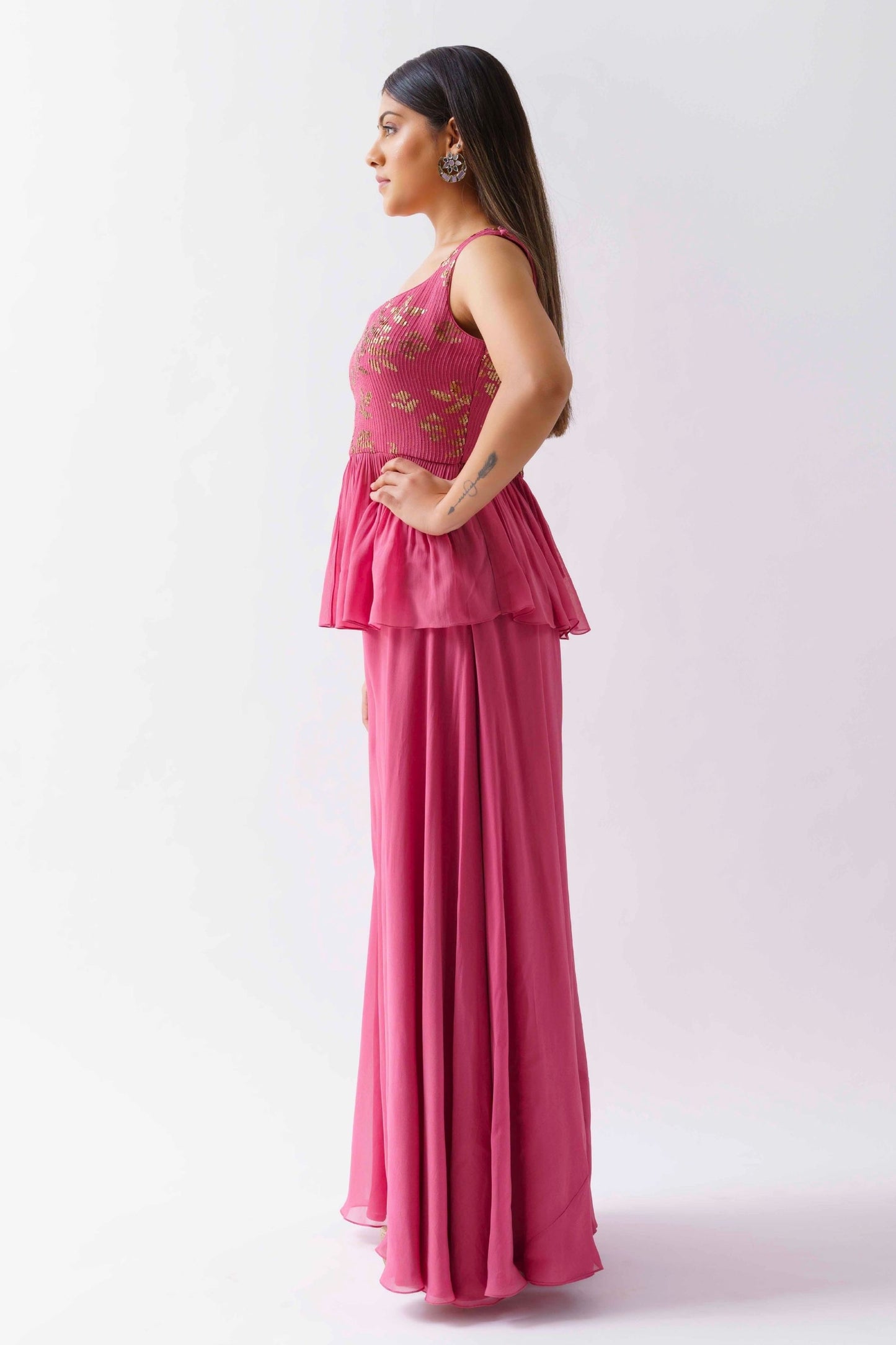 Pink Crop Top And Flared Pant Set