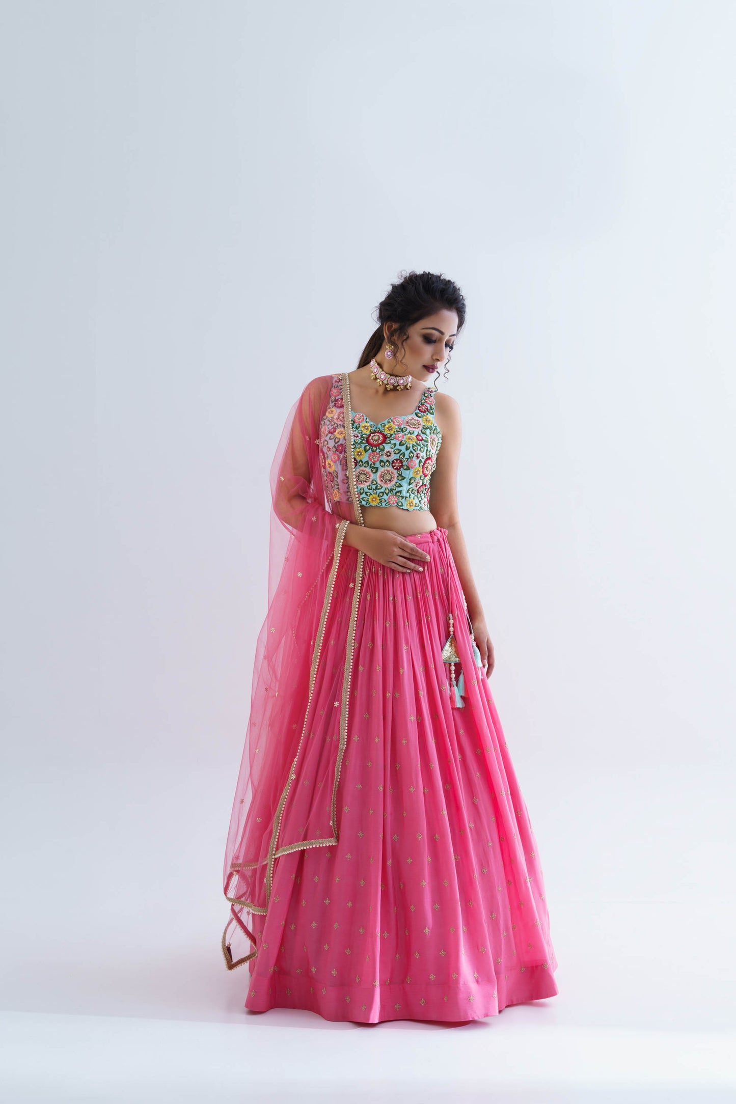 Pink Georgette Crepe & Net Pleated Lehenga Set