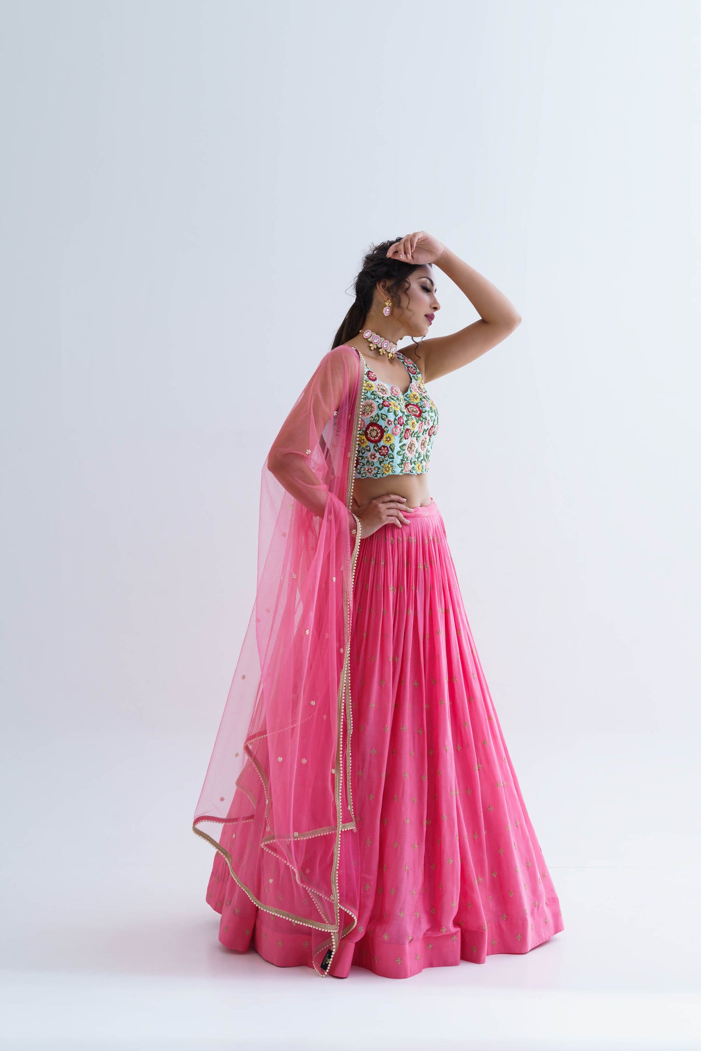 Pink Georgette Crepe & Net Pleated Lehenga Set