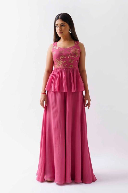 Pink Crop Top And Flared Pant Set