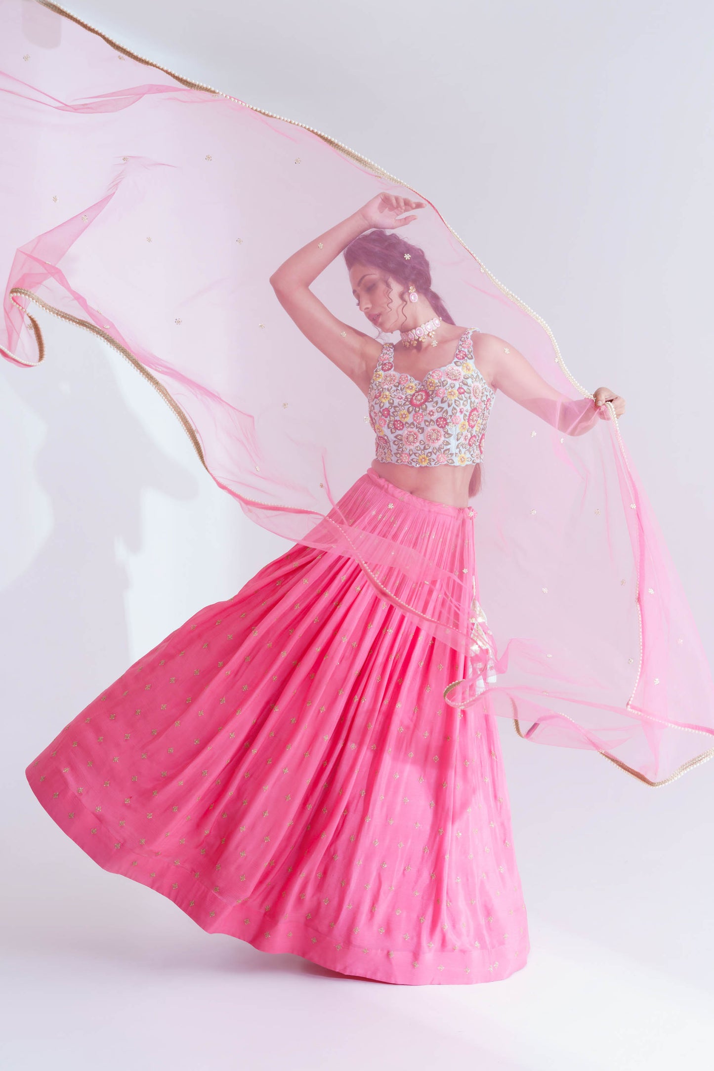 Pink Georgette Crepe & Net Pleated Lehenga Set