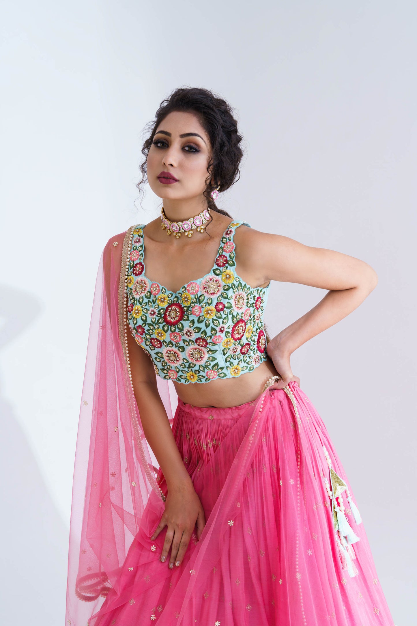 Pink Georgette Crepe & Net Pleated Lehenga Set