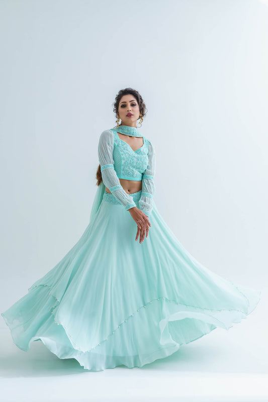 Powder Blue Pearl Embroidered Lehenga Set