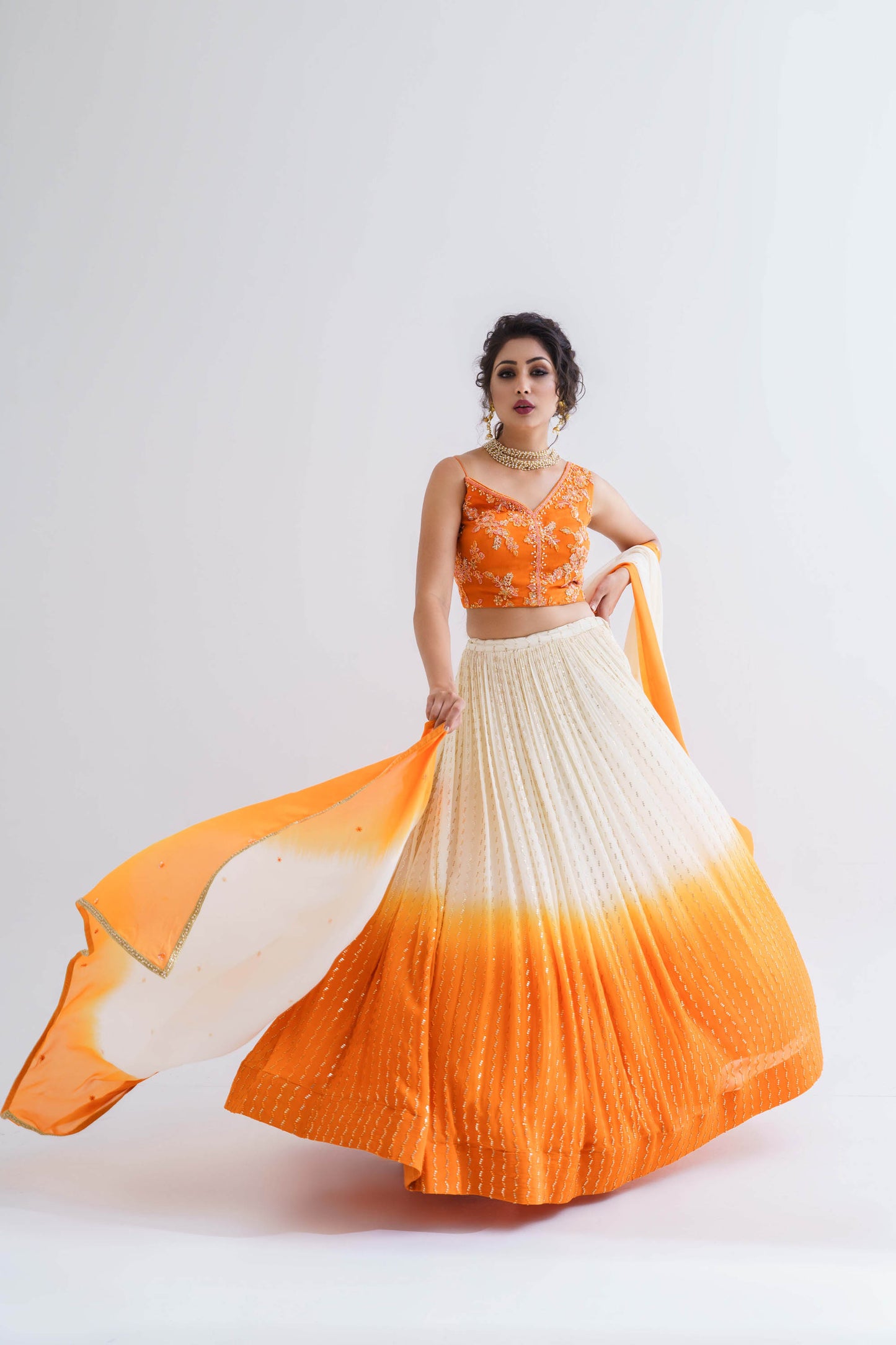 Orange & Off-White Hand Embroidered Lehenga Set