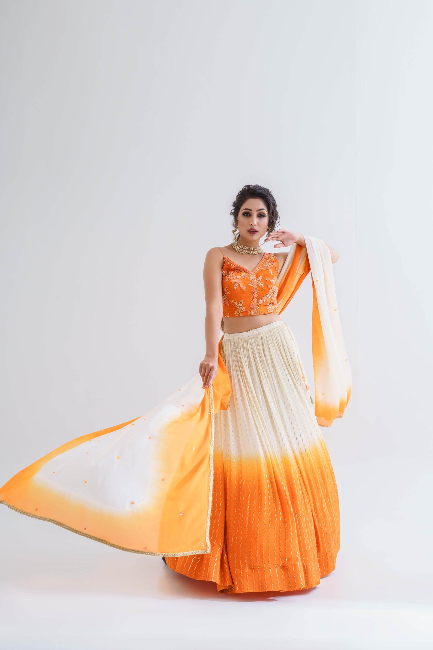 Orange & Off-White Hand Embroidered Lehenga Set