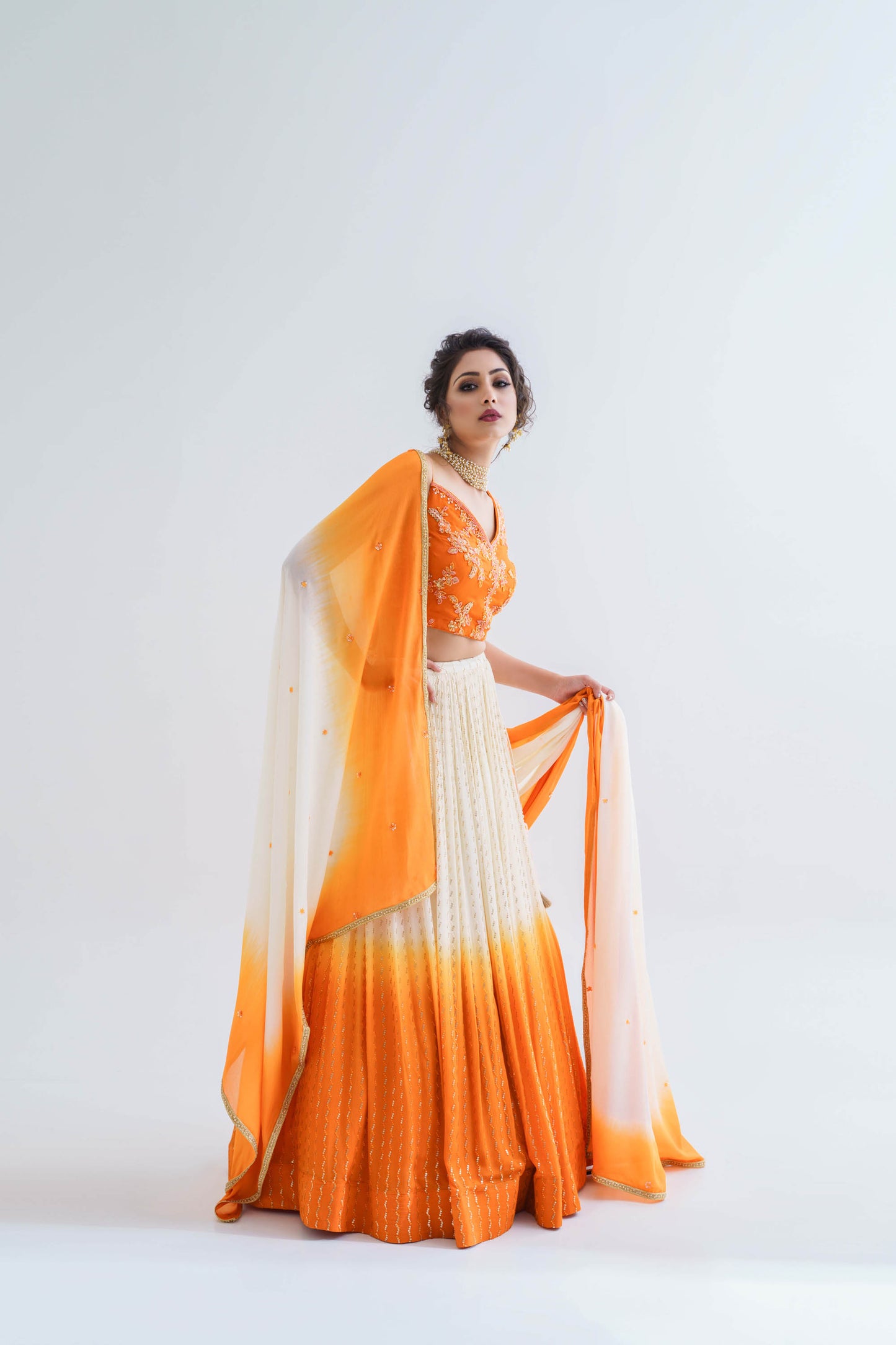 Orange & Off-White Hand Embroidered Lehenga Set