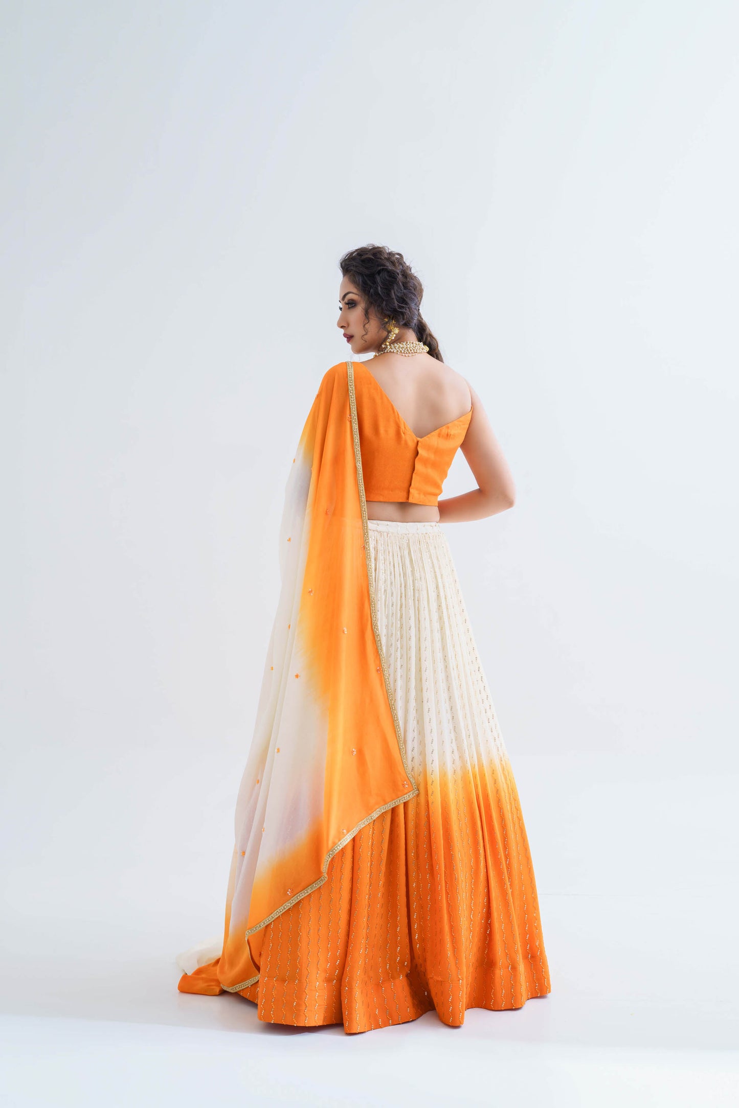 Orange & Off-White Hand Embroidered Lehenga Set